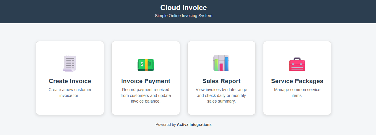 ainvoice sample screen showing create invoice, invoice payment, sales report and service packages
